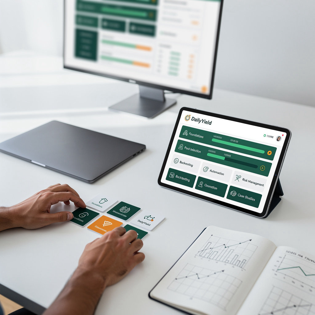 DailyYield course curriculum structure showing modules for liquidity pool investing education